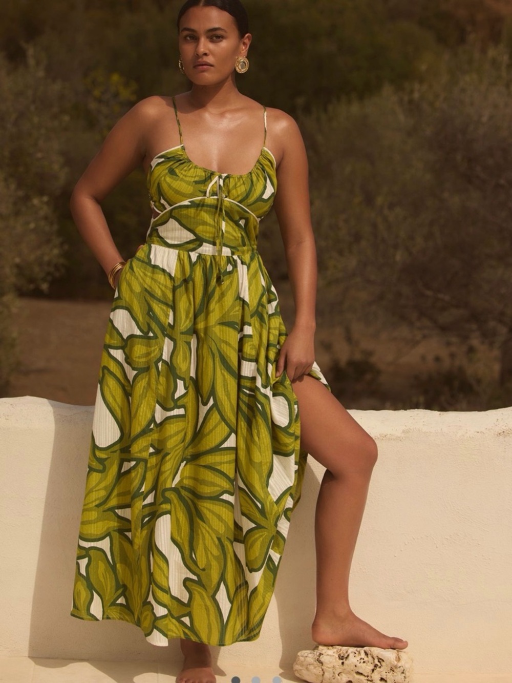 Anthropologie Green and White Abstract-Print Spaghetti-Strap Maxi Dress
